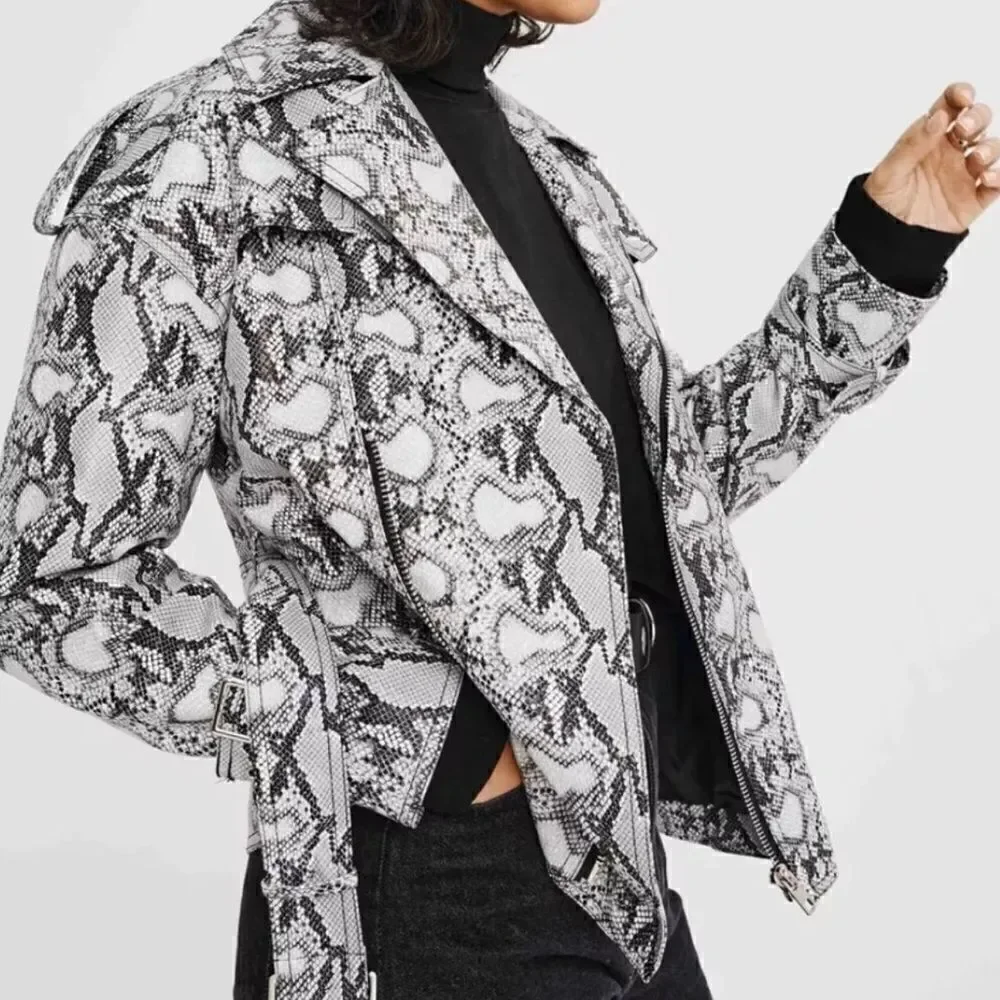 Noize Jacket Womens Size Large dakota snake print Faux Leather Moto zip‎ up New